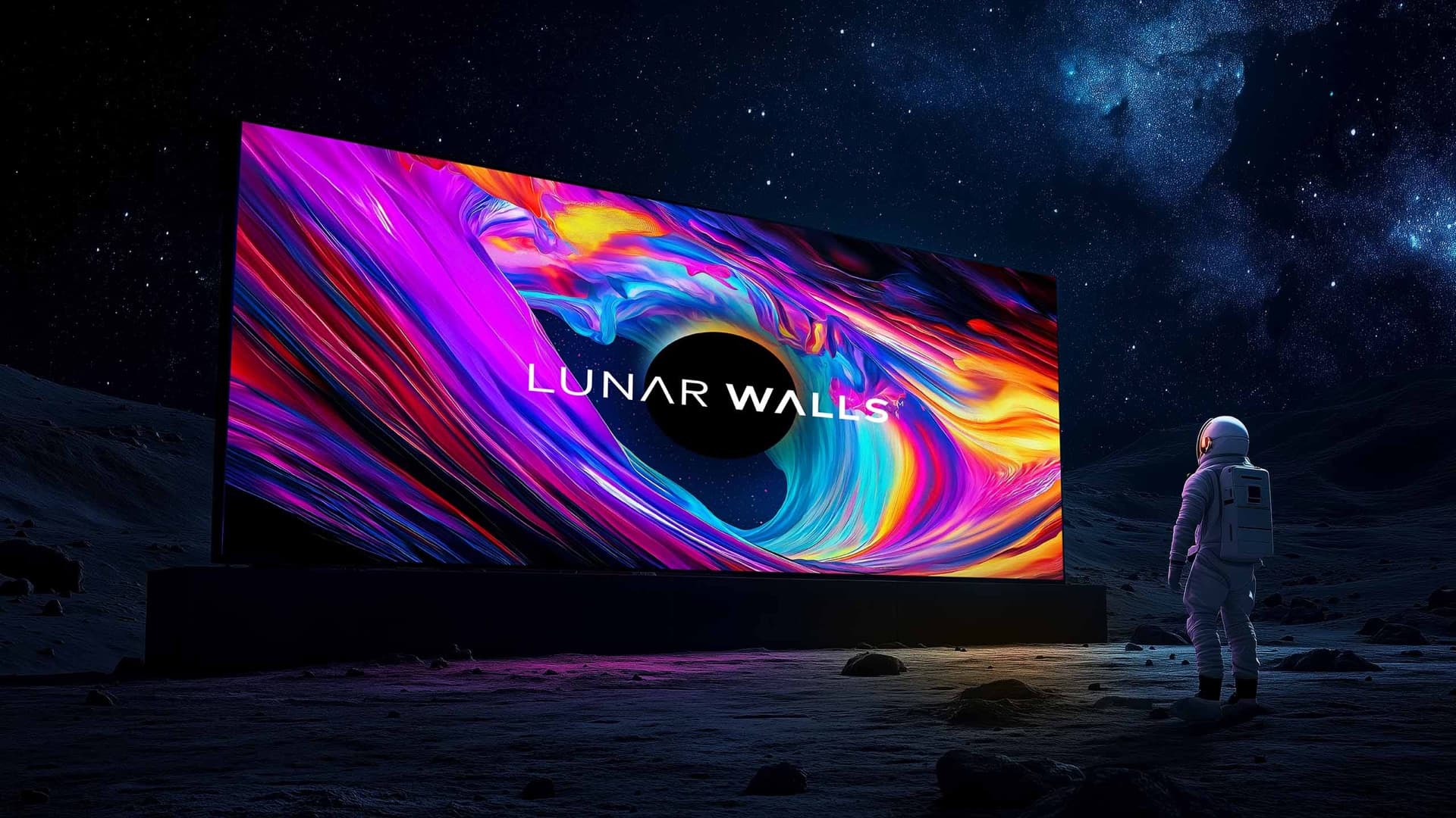 Astronaut standing before a Lunar Walls display on the lunar surface