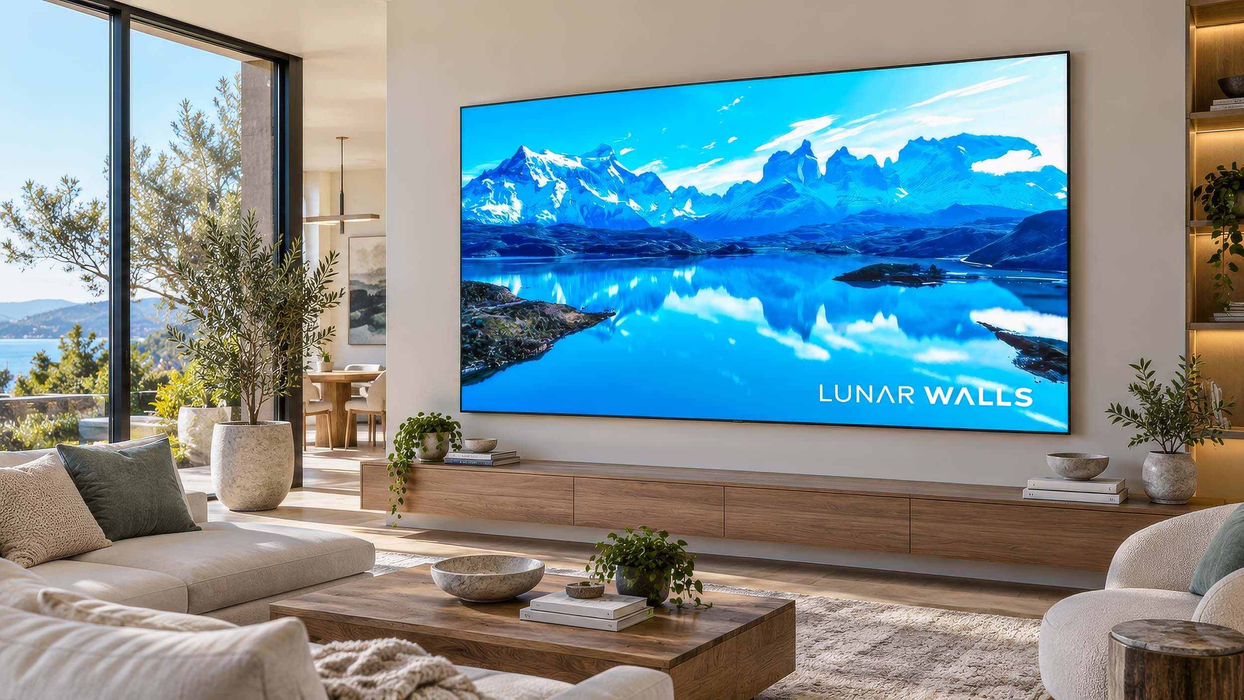 Lunar Phase MicroLED wall in a sunlit living room with floor-to-ceiling windows