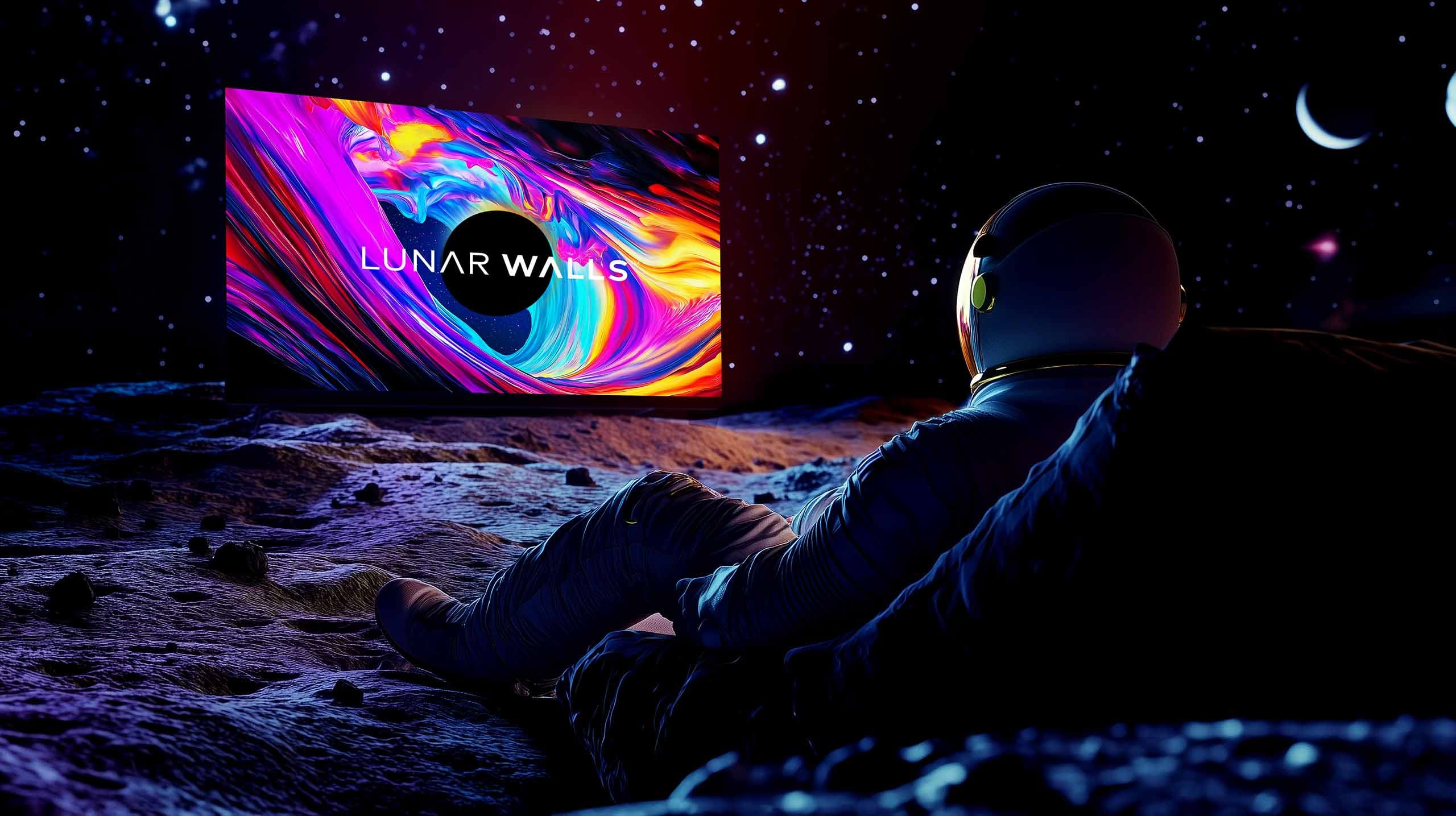 Astronaut watching a Lunar Walls display under the stars
