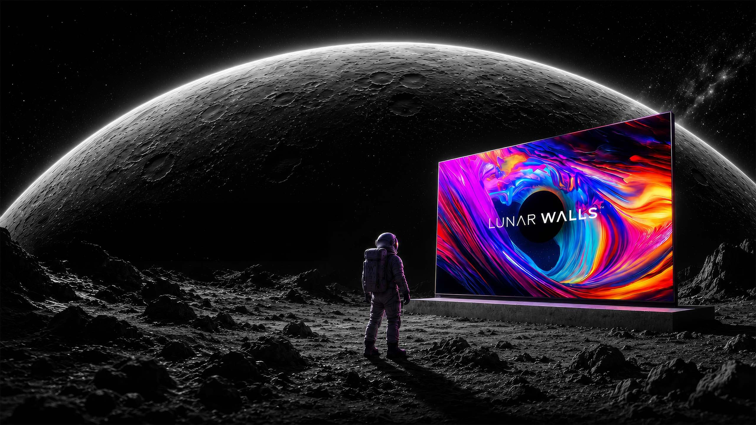 Astronaut on the lunar surface facing a Lunar Walls MicroLED display